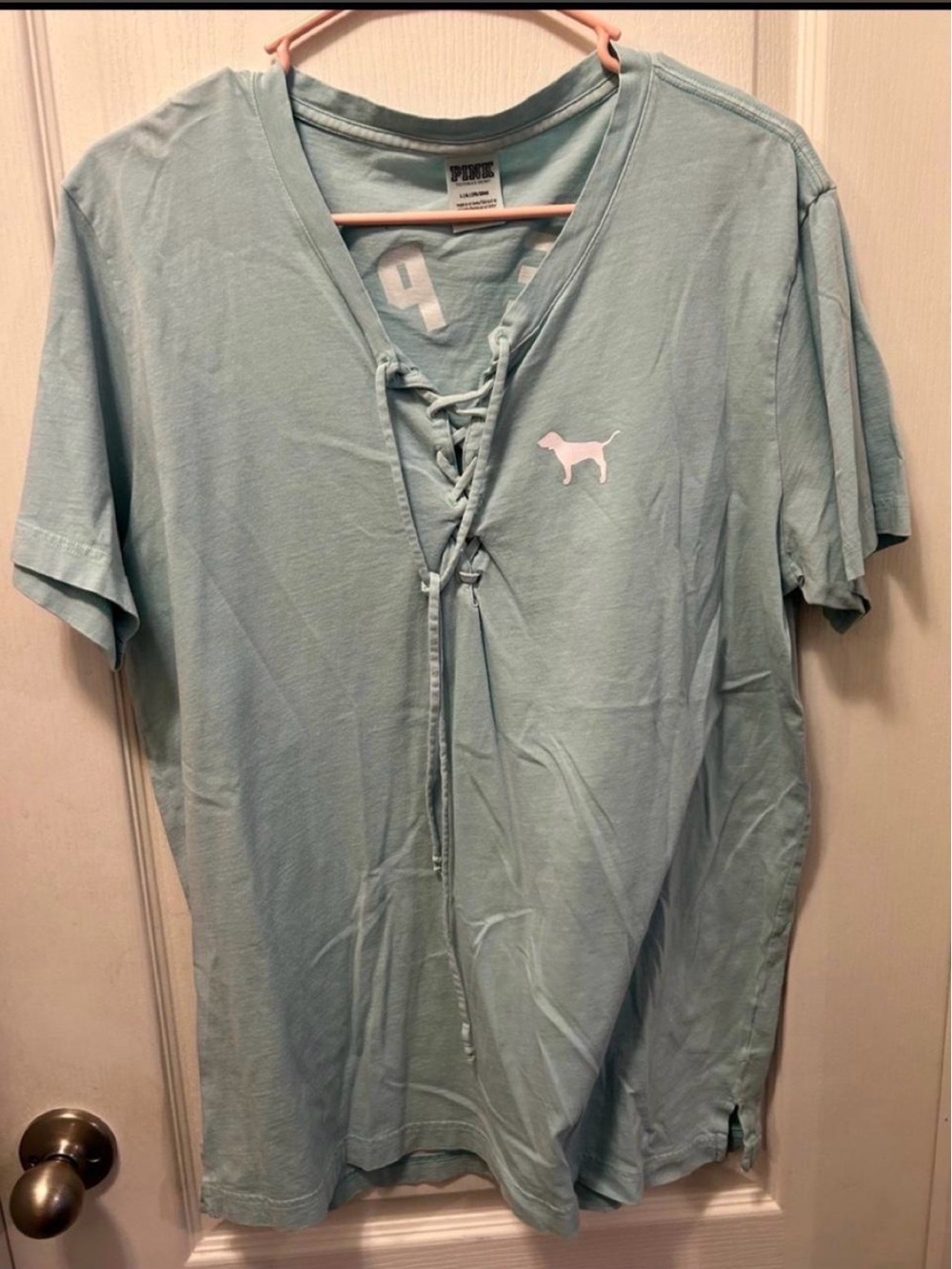 PINK Victoria's Secret Light Teal Lace-Up V-Neck Tee